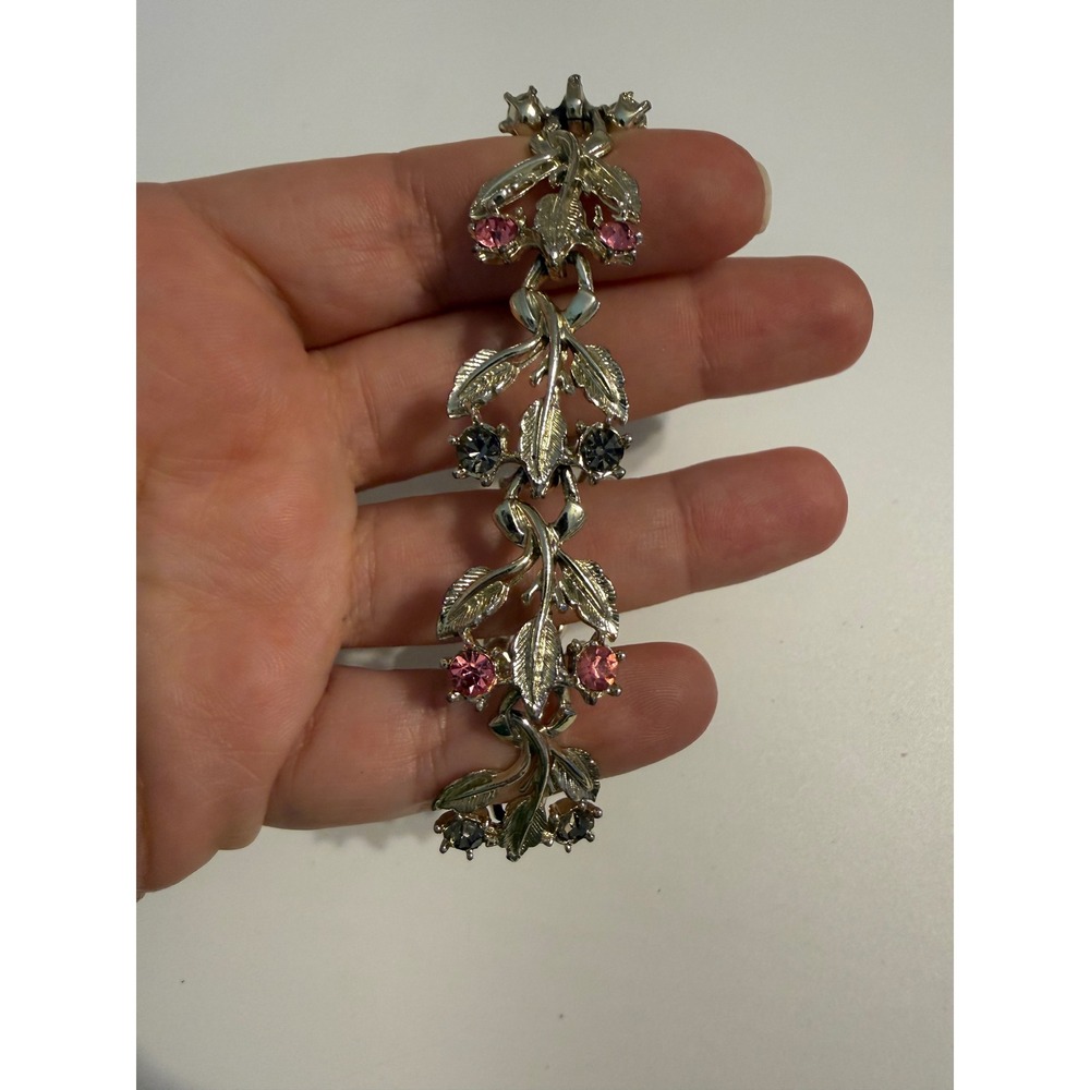 Vintage Silver Tone Pink Grey Rhinestone Leaf Floral Link Bracelet 7.25 Inch